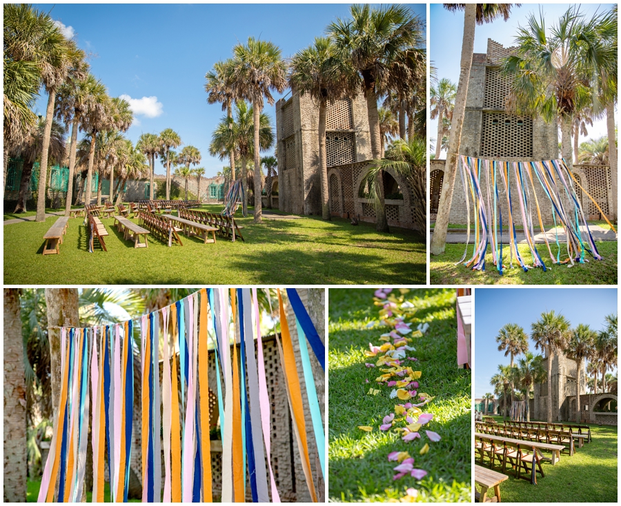 Colorful ceremony decor for a summer wedding at Atalaya Castle in Murrells Inlet, SC.