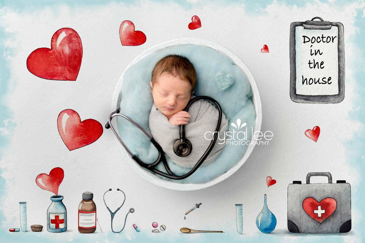 Newborn baby boy swaddled holding a stethoscope on a hand=drawn medical background. 