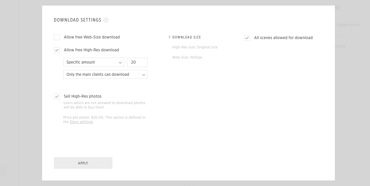 Screenshot of download settings in a Pic-Time gallery.