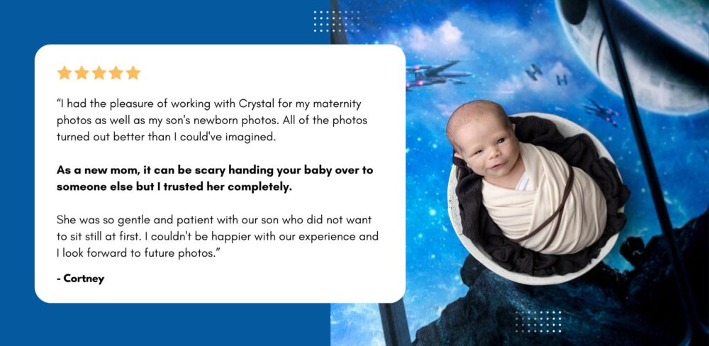 Review for Myrtle Beach newborn photographer, Crystal Lee Photography. Featuring a smiling newborn boy in a galaxy themed set. 