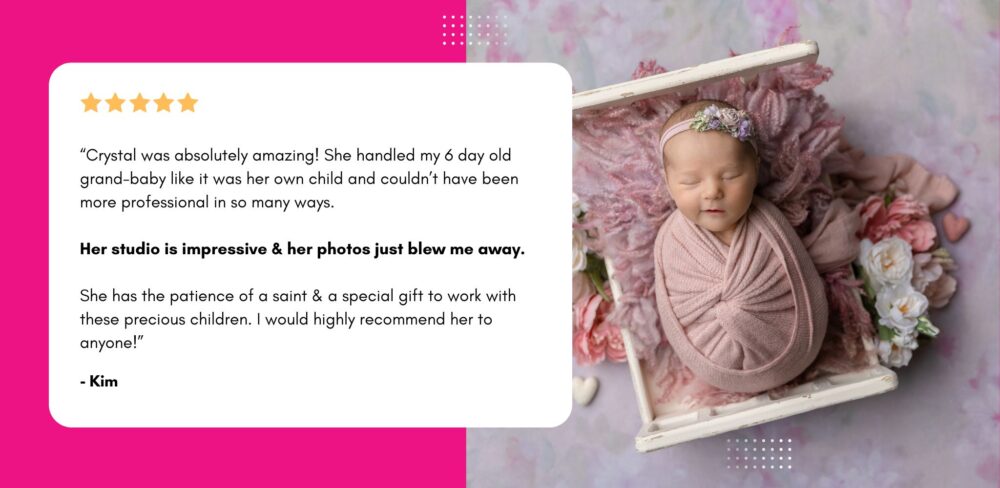 Review for Myrtle Beach newborn photographer, Crystal Lee Photography. Featuring a smiling baby girl in a floral bed set. 