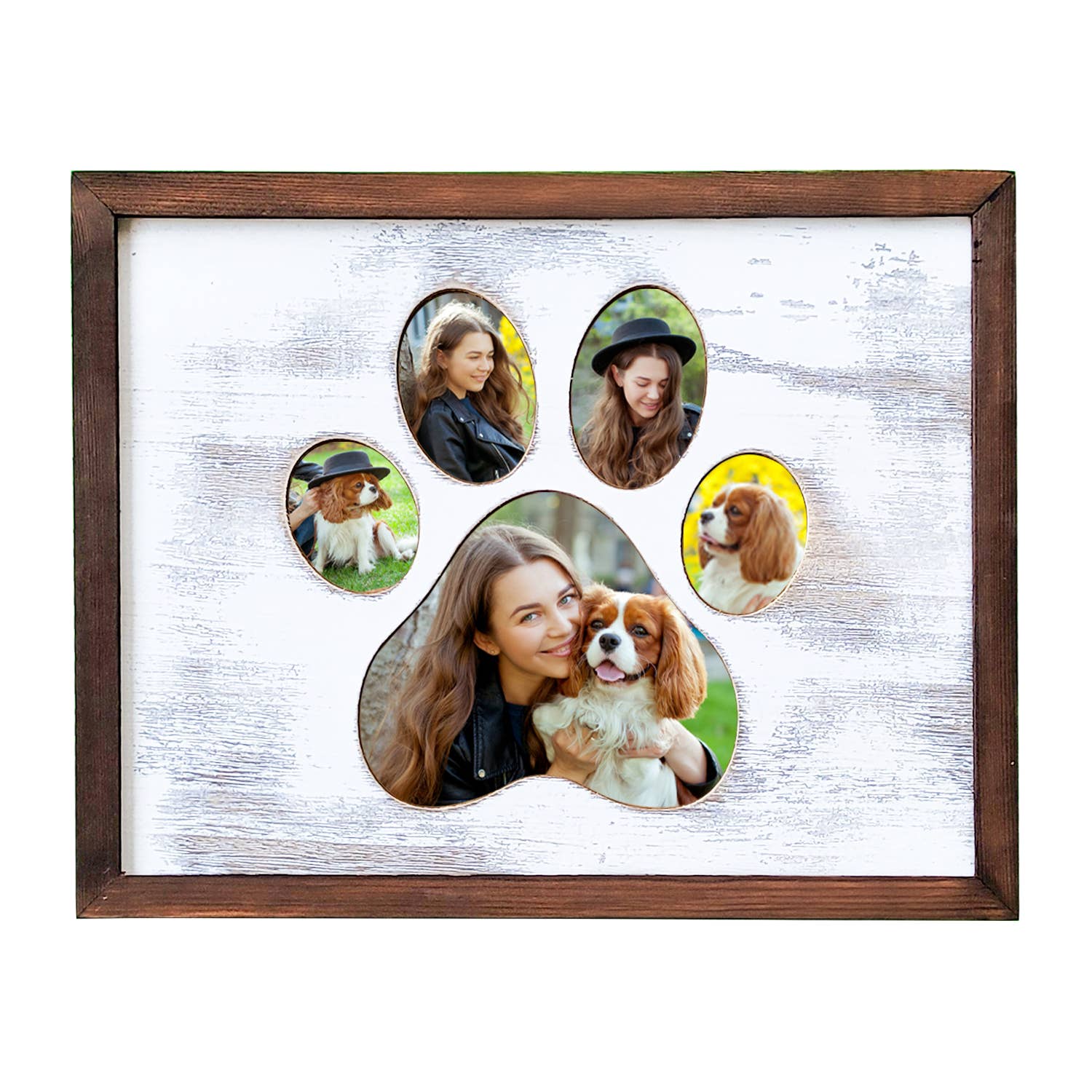 Framed paw print collage displaying five pet photos, each photo fits into one paw-shaped cutout on a rustic white background with a brown wood frame.