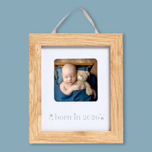 born in 2026 wooden baby picture frame with newborn photo and hanging ribbon