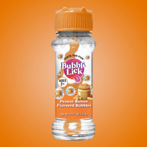 peanut butter swirl bubble lick flavored bubbles bottle on orange background