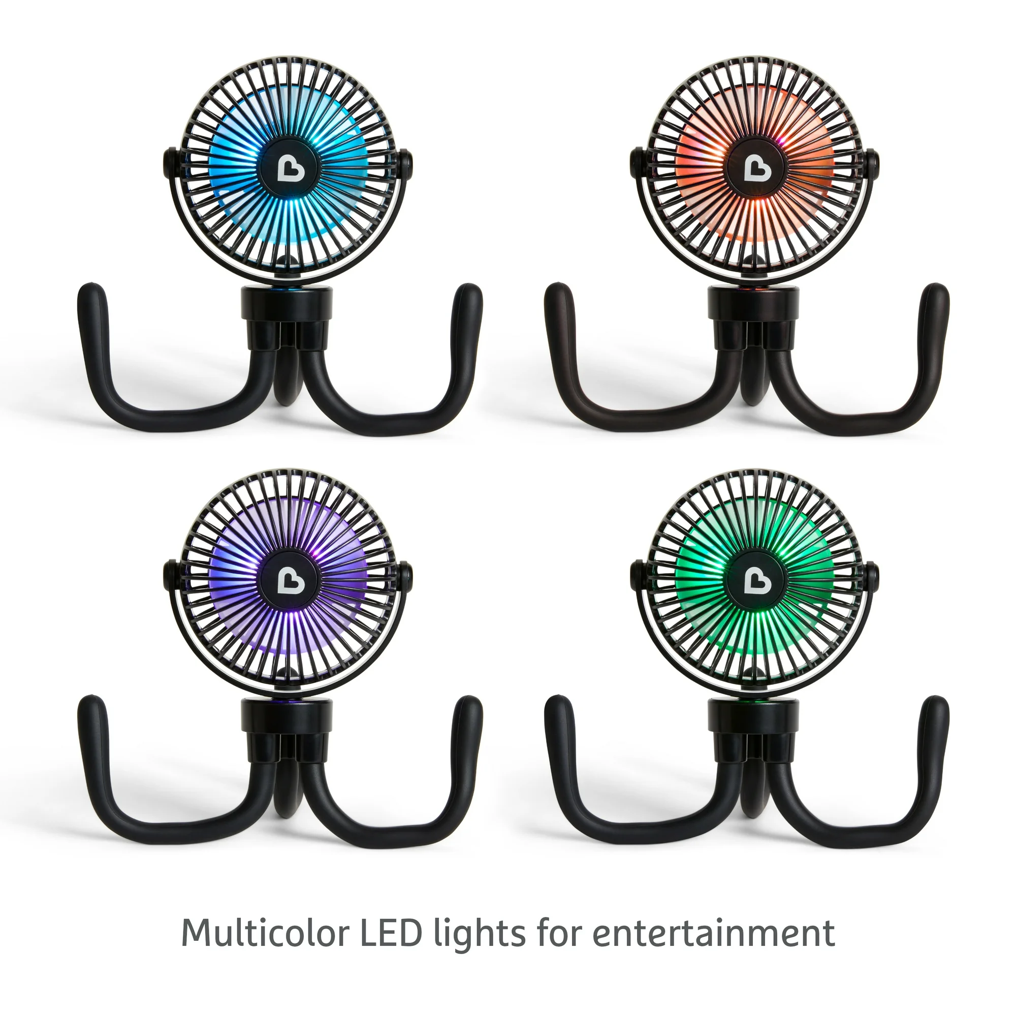 Stroller fan showing multicolor LED light options