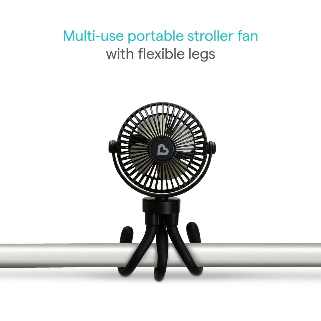 Stroller fan with flexible legs standing upright on a surface